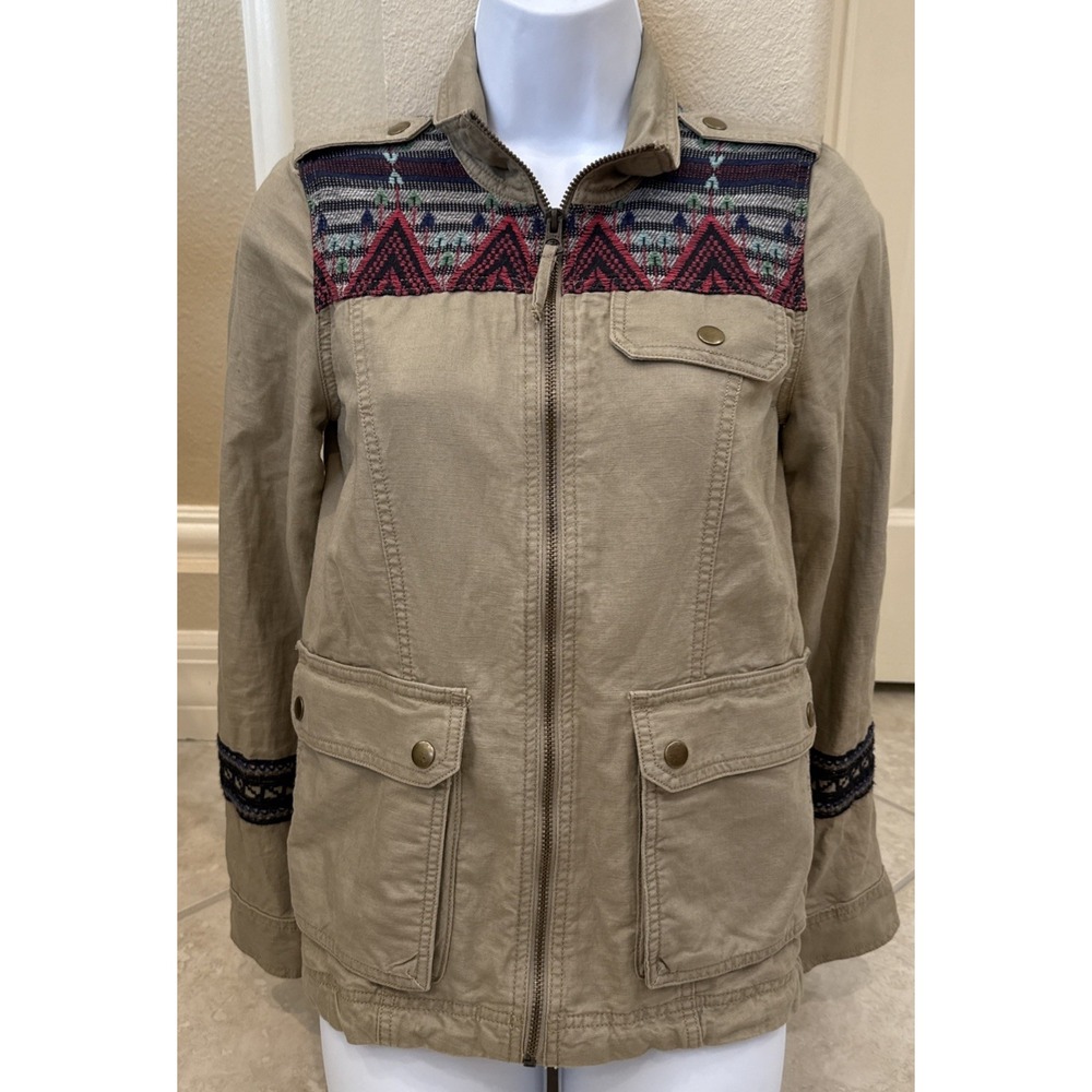 Lucky Brand Live In‎ Love Khaki Linen Blend Western Aztec Boho Coat Jacket Sz XS